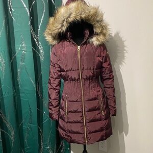 Laundry By Shelli Segal Burgundy Puffer Coat with Fur Hood